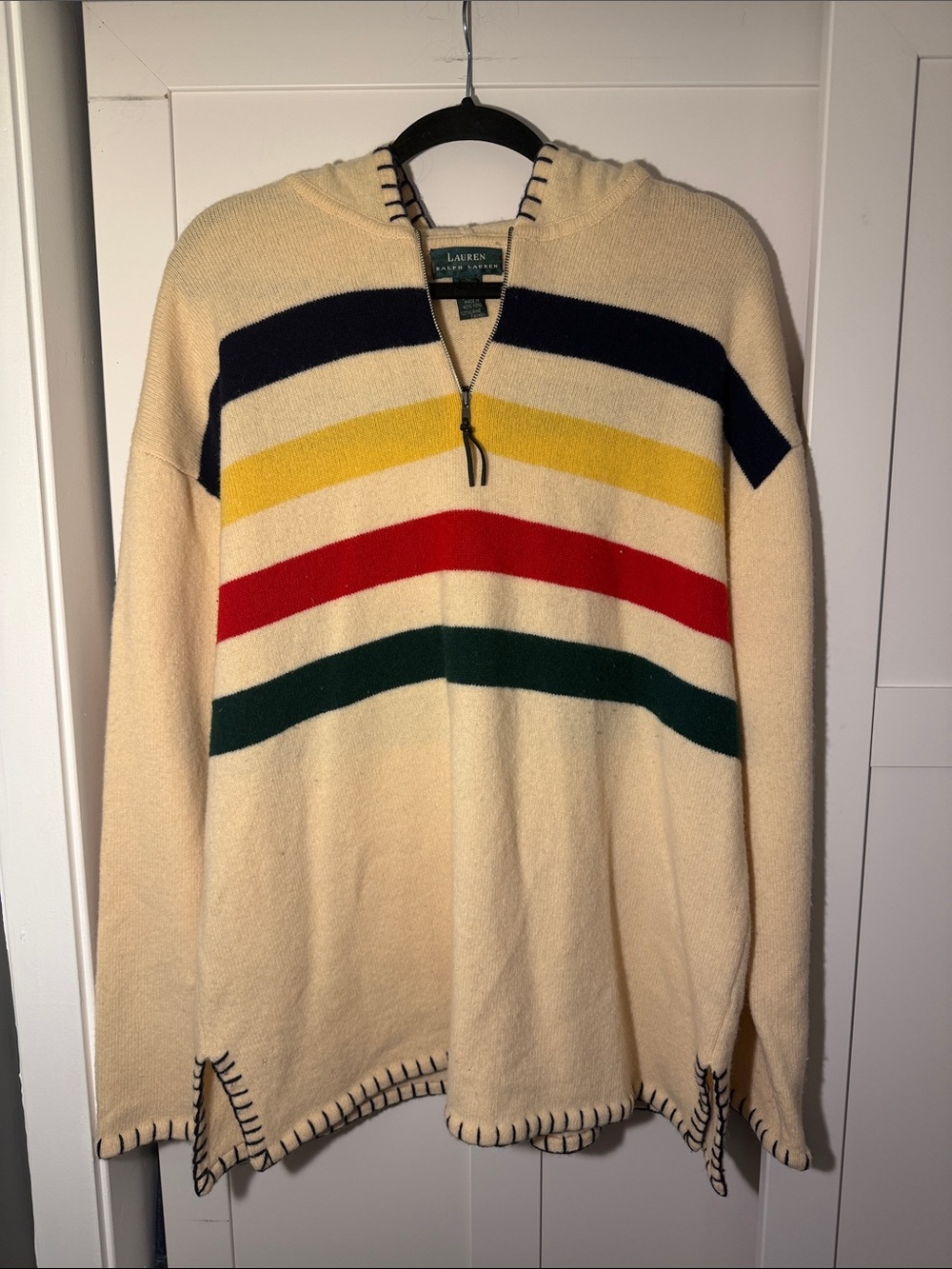 Ralph Lauren 100% Lambswool Cream Hooded Half-Zip Sweater with Multi Stripes